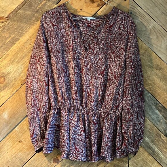 Rebecca Minkoff 100% Silk Maroon & Black Print Peplum Blouse Sz.S - Picture 3 of 10